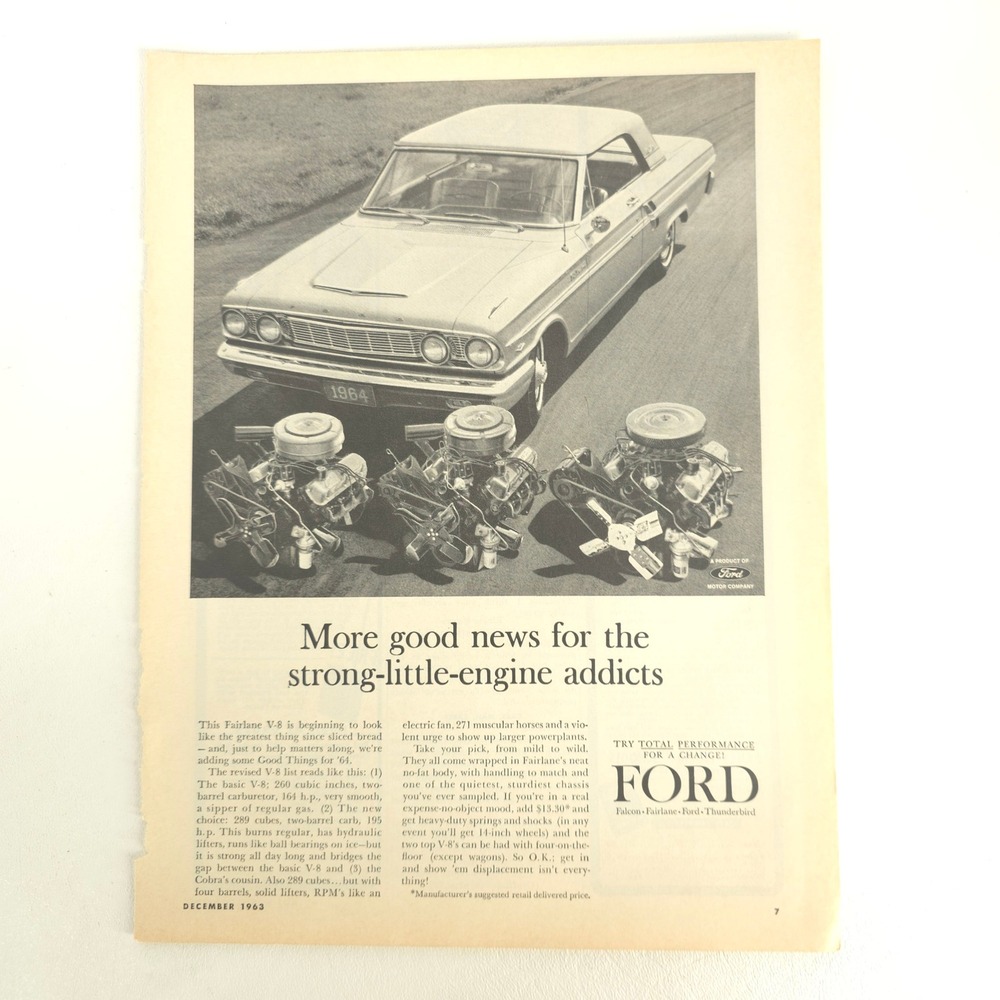 Ford Fairlane V8 Print Ad 1964 Vintage Muscle Car Garage Collector Wall Decor